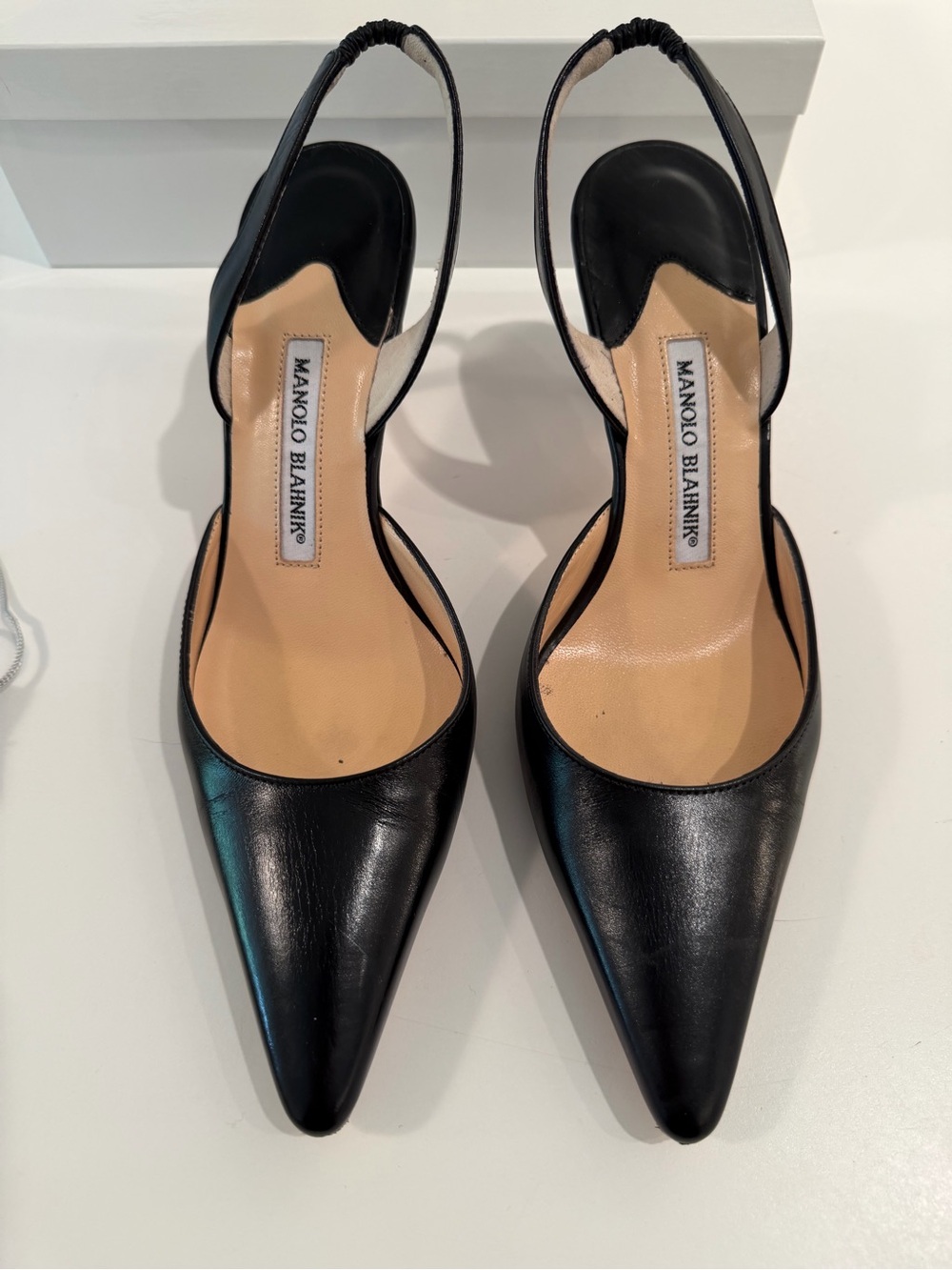 Manolo Blahnik Black Pointed Leather Slingback Pumps